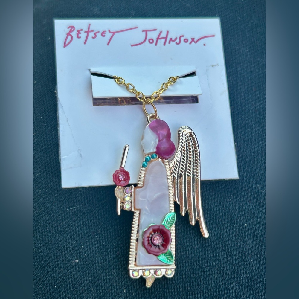 BETSEY JOHNSON Pink Angel Pendant on Chain NEW ON CARD